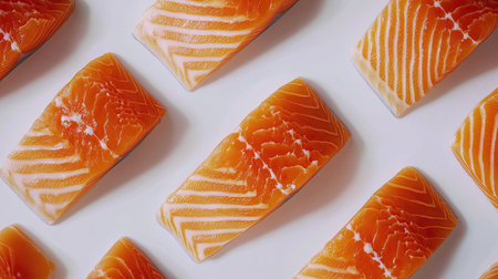 Vibrant slices of fresh salmon fillet arranged on a clean white background. Perfect for culinary projects, recipes, and food-related inspiration.の素材