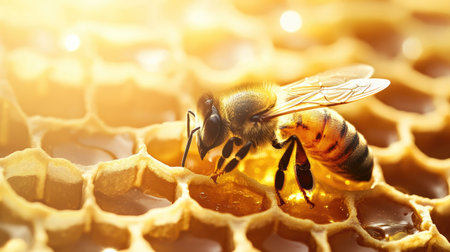 This close-up image showcases a honey bee working diligently on a honeycomb, capturing the essence of nature's beauty and the importance of pollinators in our ecosystem.の素材