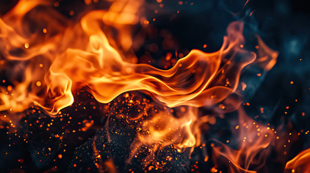 This stunning image captures the dynamic movement of vibrant flames against a dark background. The interplay of colors and sparks creates an exhilarating visual experience.の素材
