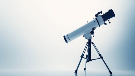 A sleek telescope mounted on a tripod stands elegantly against a soft gradient background, ideal for showcasing tools of astronomy and stargazing exploration.の素材