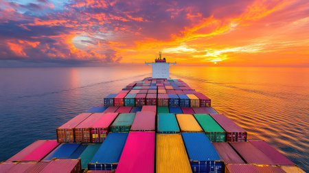 A captivating view of colorful shipping containers on a vessel during a stunning sunset over the ocean, showcasing a blend of vibrant hues and tranquility.の素材