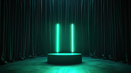 Explore a modern stage scene featuring green lights and draped curtains. The minimalist design creates a dramatic ambiance for performances and events.の素材