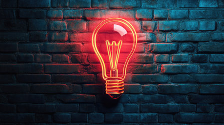 A vibrant neon light bulb sign glows against a dark brick wall, creating a striking visual impact. Perfect for showcasing creativity and style in design.の素材