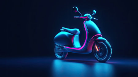 A futuristic electric scooter illuminated by vibrant neon lights against a dark background. This modern design showcases innovation and mobility in urban environments.の素材