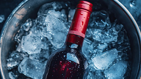 A beautiful red wine bottle rests in a silver bucket filled with ice cubes, creating a perfect refreshment for any occasion or celebration.の素材
