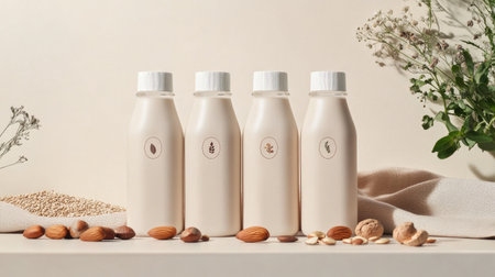 A collection of four elegant bottles containing nut-based drinks, arranged on a soft fabric with nuts. Ideal for health-focused marketing and lifestyle themes.の素材