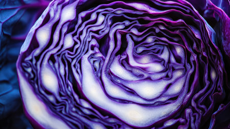 This close-up image showcases the intricate patterns and vibrant colors of a fresh purple cabbage, highlighting its natural beauty and unique textures. Ideal for healthy cooking and culinary themes.の素材