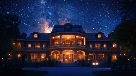 A captivating mansion stands illuminated at night, surrounded by a serene landscape and a breathtaking starry sky, capturing a magical atmosphere of luxury and tranquility.の素材