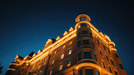 A beautifully illuminated historic building stands against a starry night sky. Its charming architecture showcases intricate design details, perfect for travel and cityscape imagery.の素材