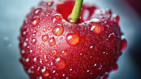 A vibrant close-up of a fresh red cherry adorned with water droplets, showcasing its glossy texture against a dark background. Perfect for food-themed projects.の素材