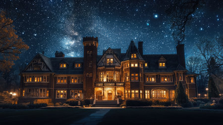 A magnificent historic mansion illuminated under a starry night sky. This elegant structure showcases intricate architectural details, surrounded by serene gardens and trees.の素材
