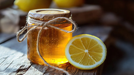 A beautifully lit jar of fresh honey beside a vibrant lemon slice rests on a rustic wooden table, highlighting natural sweetness and culinary delight.の素材