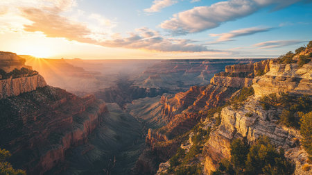 Experience a stunning sunset over the Grand Canyon, showcasing the vibrant colors of the sky and the dramatic rock formations of this majestic landscape.の素材