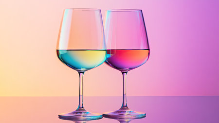 Two elegant glasses filled with colorful gradient liquids stand against a modern abstract background. The vibrant colors create a striking visual effect, perfect for celebrating special moments.の素材