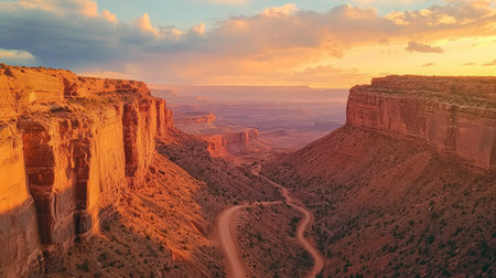 Breathtaking aerial view of a canyon landscape at sunset, featuring dramatic cliffs and a winding road. The warm colors of the sky create a tranquil atmosphere.の素材