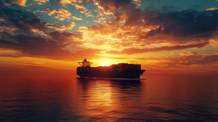 A stunning silhouette of a container ship against a vibrant sunset sky. The calm ocean reflects the colorful clouds, showcasing nature's beauty and maritime industry.の素材