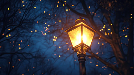 A charming street lamp illuminates the night, surrounded by soft twinkling lights. This serene urban scene captures a cozy ambiance perfect for winter evenings.の素材