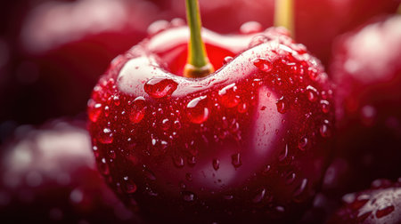 A close-up image of a fresh red cherry with glistening water droplets. This photo captures the vibrant color and glossy texture, showcasing the fruit's natural beauty. Perfect for food-related themes.の素材