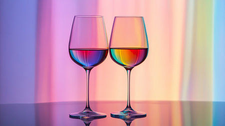 Discover the beautiful interplay of colors and reflections in two wine glasses set against a softly lit backdrop. Perfect for conveying elegance and celebration.の素材