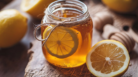 A clear jar filled with honey and decorated with a lemon slice sits on a rustic wooden table. The ambiance promotes a fresh and natural lifestyle, ideal for health-focused recipes.の素材