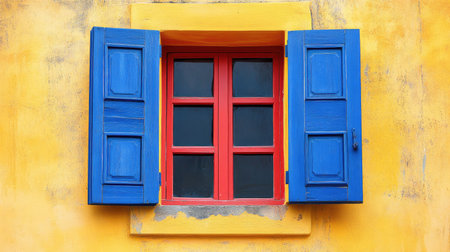 Bright and colorful window featuring blue shutters and a striking yellow wall. This vibrant architectural detail adds charm and character to any setting.の素材