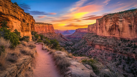 A mesmerizing view of a canyon at sunset, showcasing vibrant clouds and rocky formations. The scenic trail leads through a beautiful natural landscape, perfect for adventures.の素材