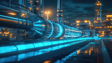 A captivating industrial scene showcasing a vibrant pipeline with reflective metal surfaces and glowing lights, emphasizing technology and engineering in urban environments.の素材