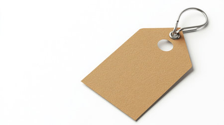 Simple brown paper tag on a white background, showcasing a clean and minimal design, perfect for labeling, branding, or marketing uses in various projects.の素材