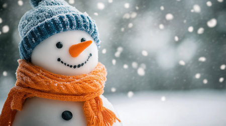 A joyful snowman stands proudly in a winter scene with soft snowfall, wearing a cozy hat and scarf, capturing the essence of seasonal joy and festive spirit.の素材