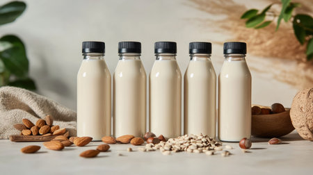 A serene arrangement of almond milk bottles on a table with nuts. Captures the essence of healthy living and plant-based nutrition in a stylish setting.の素材