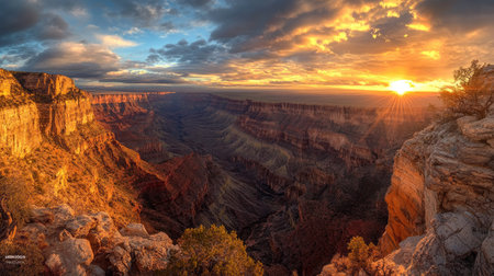 A breathtaking view of the Grand Canyon at sunset, showcasing dramatic cloud formations and colorful rocky landscapes. A perfect outdoor escape.の素材