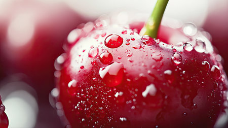 Captivating close-up of a fresh red cherry adorned with water droplets, showcasing its vibrant color and juicy texture against a soft blurred background.の素材