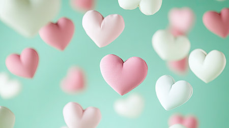 A whimsical arrangement of floating hearts in soft pastel colors against a light green backdrop, perfect for conveying feelings of love, joy, and celebration.の素材