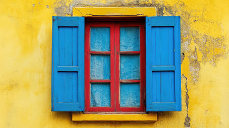 A vibrant window featuring blue shutters and a red frame stands out against a bright yellow wall, showcasing rich textures and colors in architecture.の素材