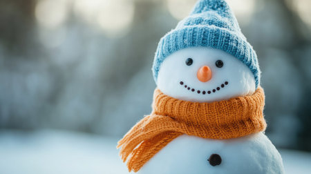 A cheerful snowman adorned with a blue knit hat and an orange scarf smiles in a snowy winter landscape, showcasing the joy and whimsy of the season.の素材