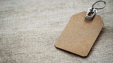 A plain brown tag rests on a natural fabric surface, ideal for various design projects, marketing materials, or creative endeavors. Perfect for use in crafting and product labeling.の素材