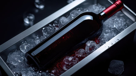 A stunning red wine bottle resting on a bed of ice in a sleek silver chiller. The dark background enhances the elegance, ideal for gourmet promotions or sophisticated gatherings.の素材