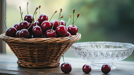 A beautiful display of fresh, ripe cherries in a woven basket alongside a glass bowl. Perfect for showcasing natural sweetness and summer freshness.の素材