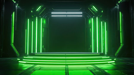 A vibrant futuristic stage design featuring bright neon green lights against a dark background. Ideal for events, performances, and creative showcases.の素材