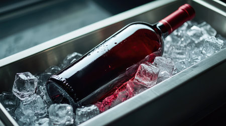 A single bottle of red wine nestled in ice, perfect for a refreshing drink. Ideal for dining events, celebrations, or gatherings, this image captures elegance and enjoyment.の素材