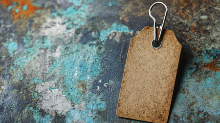 A vintage styled label tag rests against a vibrant textured background. Ideal for design projects, branding, or artistic presentations focusing on rustic aesthetics.の素材