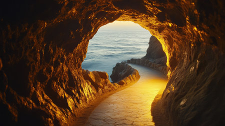 A captivating coastal cave scene features a glowing light illuminating the pathway, leading to a serene ocean view. Ideal for travel and nature themes.の素材