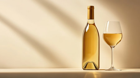 A beautifully captured scene featuring a bottle of white wine and a glass filled with its golden hue. The soft lighting and neutral background enhance the elegance of this classic beverage, perfect for any celebration or dining experience.の素材