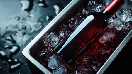 A stunning image of a red wine bottle sitting in a chic metal bucket filled with ice. Perfect for capturing the essence of celebration and luxury.の素材