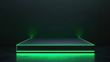 A minimalist stage featuring green neon lighting, perfect for presentations, shows, or artistic displays. This empty platform provides a sleek backdrop.の素材