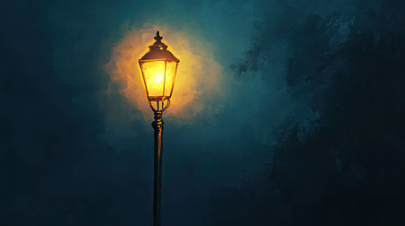 This captivating image features a vintage street lamp casting a warm glow in a dark, atmospheric setting, evoking feelings of nostalgia and serenity.の素材
