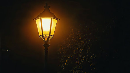 A warm glow emanates from a vintage lantern illuminating the dark night, creating a serene ambiance in an urban setting. Perfect for peaceful nighttime scenes.の素材