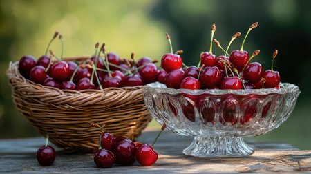 Two containers showcase vibrant, fresh red cherries on a wooden table. The woven basket and crystal bowl beautifully exhibit nature's bounty, perfect for summer.の素材
