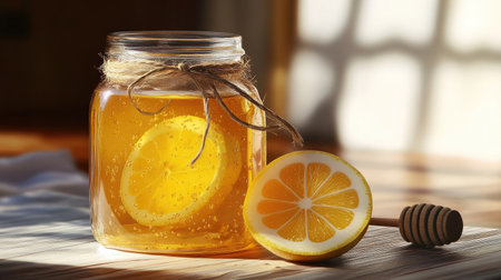 A vibrant jar filled with golden honey and a lemon slice sits on a rustic table, capturing the essence of freshness and natural sweetness in a beautiful setting.の素材