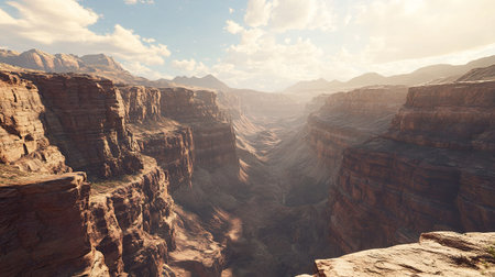 A stunning canyon landscape bathed in warm golden light at sunset, featuring towering cliffs and distant mountains under a vibrant sky, perfect for nature lovers.の素材